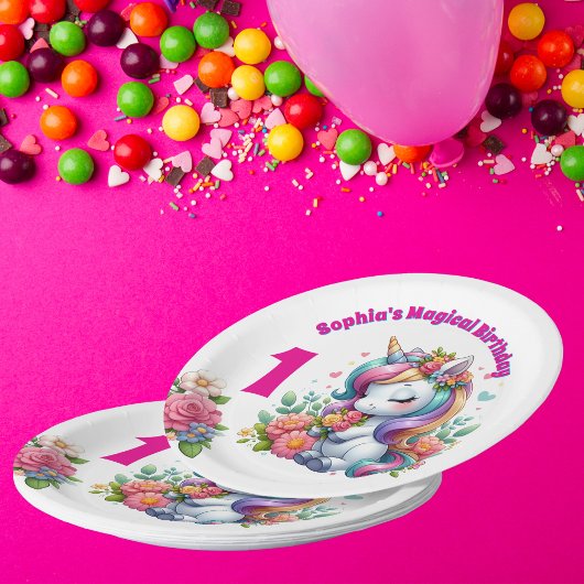 かわいいお洒落フローラユニコーンガーリー1歳の誕生日 ペーパープレート