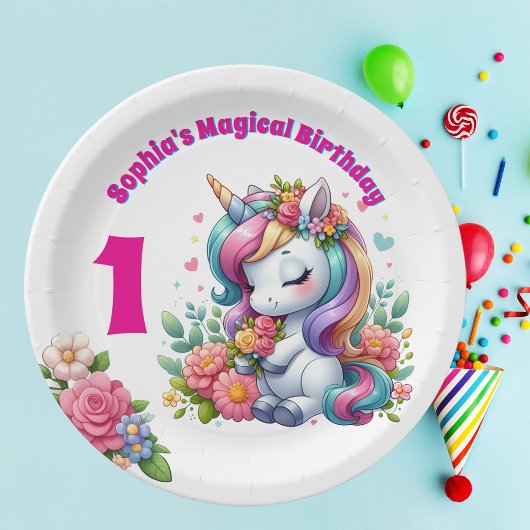かわいいお洒落フローラユニコーンガーリー1歳の誕生日 ペーパープレート