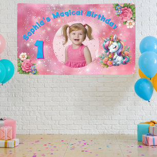 かわいいお洒落フローラユニコーンガーリー1歳の誕生日 横断幕