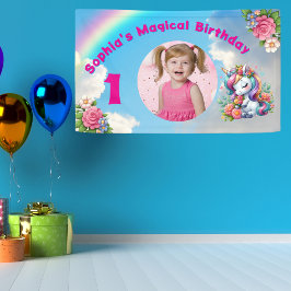 かわいいお洒落フローラユニコーンガーリー1歳の誕生日 横断幕