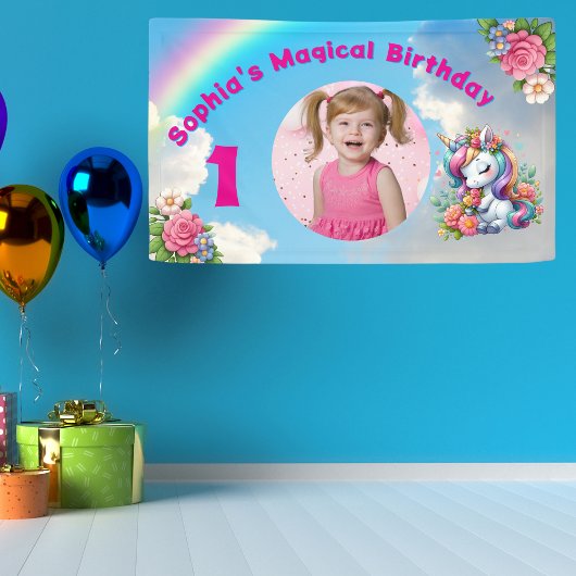 かわいいお洒落フローラユニコーンガーリー1歳の誕生日 横断幕