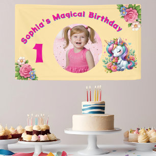 かわいいお洒落フローラユニコーンガーリー1歳の誕生日 横断幕