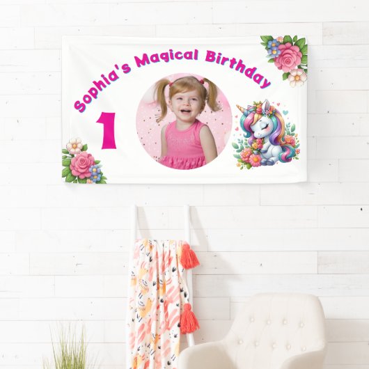 かわいいお洒落フローラユニコーンガーリー1歳の誕生日 横断幕 (インサイチュ)