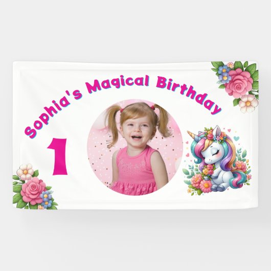 かわいいお洒落フローラユニコーンガーリー1歳の誕生日 横断幕 (横)