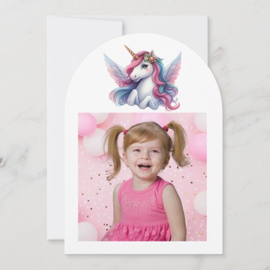 かわいいお洒落フローラユニコーン写真子供の誕生日 招待状 (裏面)