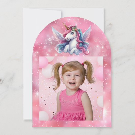 かわいいお洒落フローラユニコーン写真子供の誕生日 招待状 (裏面)