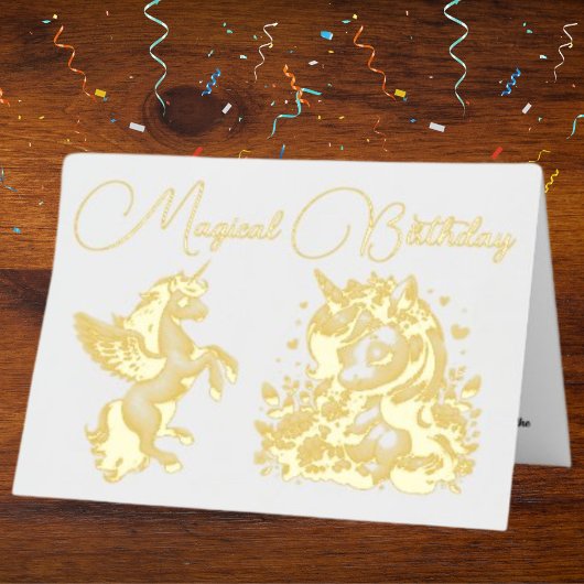 かわいいお洒落フローラユニコーン写真子供の誕生日 箔グリーティングカード