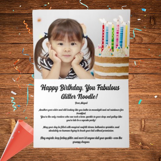 かわいいお洒落フローラユニコーン写真子供の誕生日 箔グリーティングカード