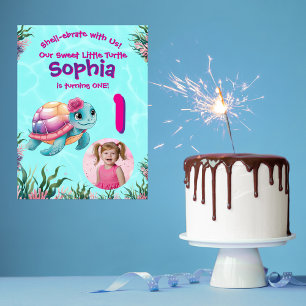 かわいいお洒落フローラ亀誕生日へようこそ ポスター