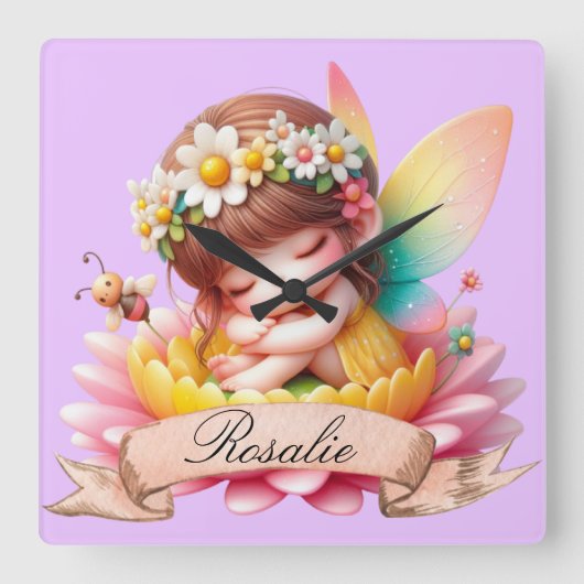 かわいいお洒落フローラ甘い夢の眠る妖精 スクエア壁時計 (正面)