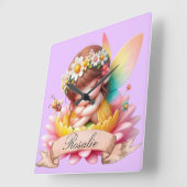 かわいいお洒落フローラ甘い夢の眠る妖精 スクエア壁時計 (傾斜)