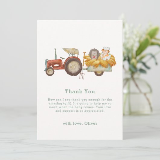かわいいお洒落ヘッジホッグファームトラクターベビーシャワー サンキューカード (スタンド正面)