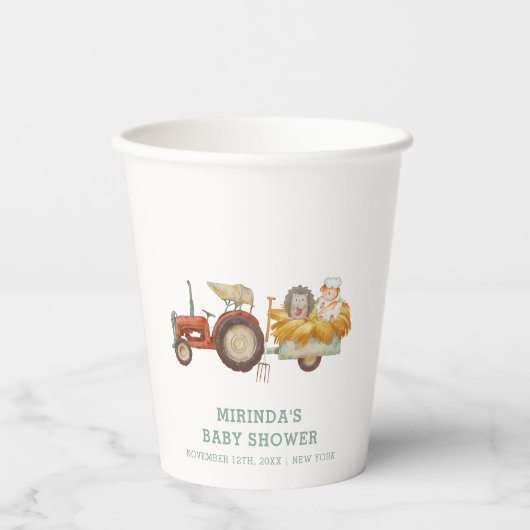 かわいいお洒落ヘッジホッグファームトラクターベビーシャワー 紙コップ (正面)