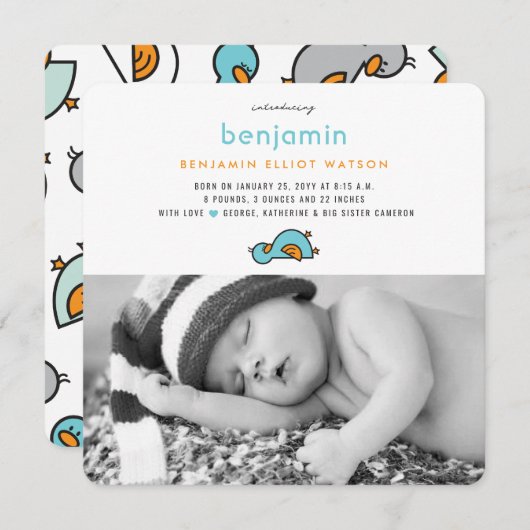かわいいお洒落ベビーダックリング男の赤ちゃん写真誕生 案内状 (正面/裏面)
