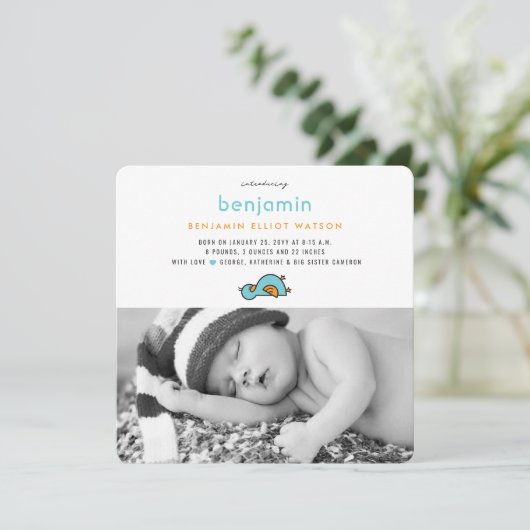 かわいいお洒落ベビーダックリング男の赤ちゃん写真誕生 案内状 (スタンド正面)