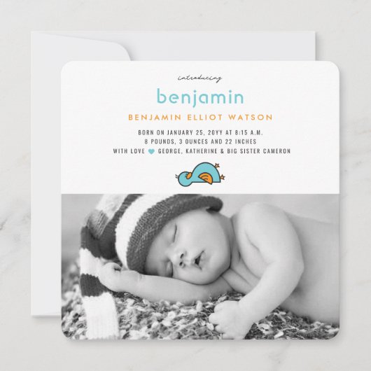 かわいいお洒落ベビーダックリング男の赤ちゃん写真誕生 案内状 (正面)