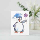 かわいいお洒落ペンギンと棒つきキャンデー ポストカード (スタンド正面)