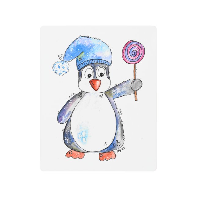 かわいいお洒落ペンギンと棒つきキャンデー メタルプリント (正面)