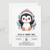 かわいいお洒落ペンギンデジタル誕生日 招待状 (正面/裏面)
