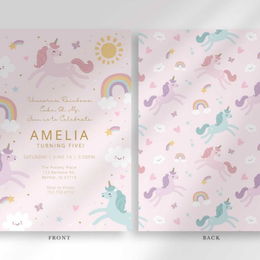 かわいいお洒落ユニコーンガール5誕生日 招待状