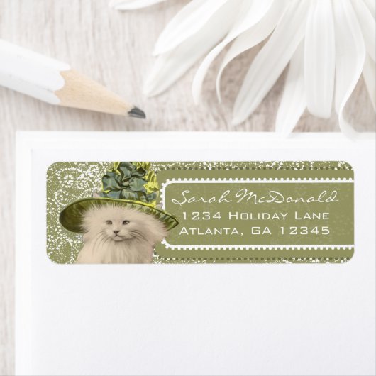 かわいいお洒落ヴィンテージキャットグリーンハットドット&ハート ラベル (インサイチュ)