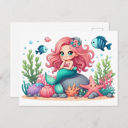 かわいいお洒落人魚と人魚の友達のシーン ポストカード (正面/裏面)