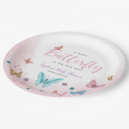 かわいいお洒落小さな蝶の女の子の赤ちゃんシャワー ペーパープレート (アングル)