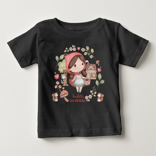 かわいいお洒落小さな赤い乗馬フード誕生日 ベビーTシャツ (正面)