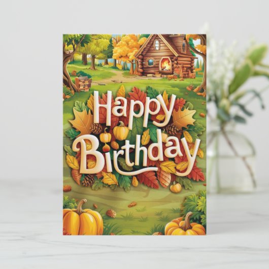 かわいいお洒落暖かい秋の秋ハッピーバースデー カード (スタンド正面)