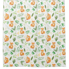 かわいいお洒落水彩キツネグリーン葉 シャワーカーテン