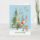 かわいいお洒落水色トナカイのクリスマスツリー カード (正面)