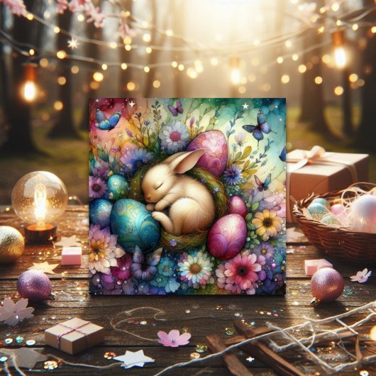 かわいいお洒落水色バニーイースターエッグ シーズンカード