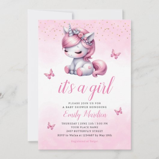 かわいいお洒落水色ユニコーン女の子の赤ちゃんシャワー 招待状 (正面)