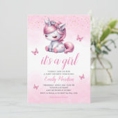 かわいいお洒落水色ユニコーン女の子の赤ちゃんシャワー 招待状 (スタンド正面)