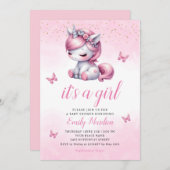 かわいいお洒落水色ユニコーン女の子の赤ちゃんシャワー 招待状 (正面/裏面)
