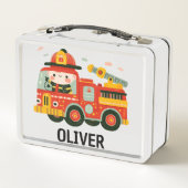 かわいいお洒落消防車と消防士の少年 メタルランチボックス (裏面)