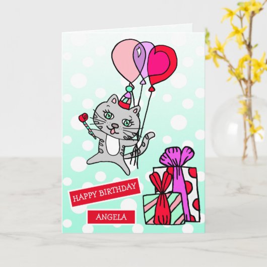かわいいお洒落猫とバルーン誕生日 カード (黄色い花)