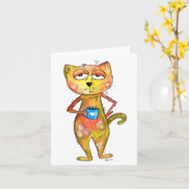かわいいお洒落疲れた猫コーヒーを飲む カード