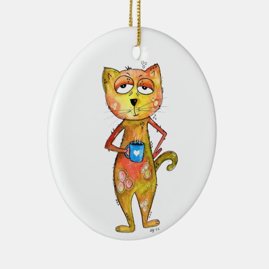 かわいいお洒落疲れた猫コーヒーを飲む セラミックオーナメント (右)