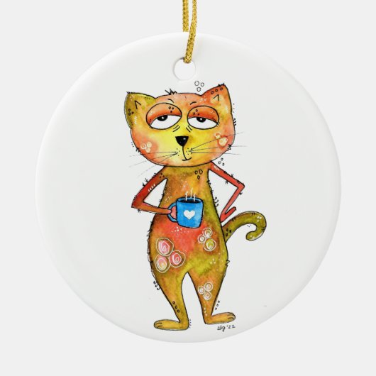 かわいいお洒落疲れた猫コーヒーを飲む セラミックオーナメント (正面)