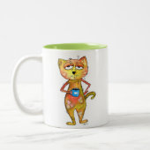 かわいいお洒落疲れた猫コーヒーを飲む ツートーンマグカップ (左)