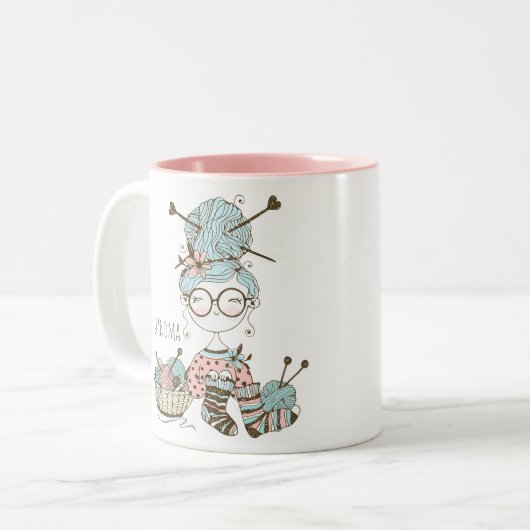かわいいお洒落編み物おもしろいおばあちゃん ツートーンマグカップ (正面左)