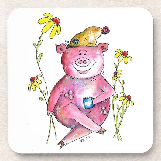 かわいいお洒落豚のコーヒー コースター (正面)