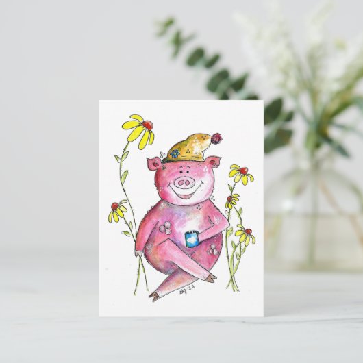 かわいいお洒落豚のコーヒー ポストカード (スタンド正面)