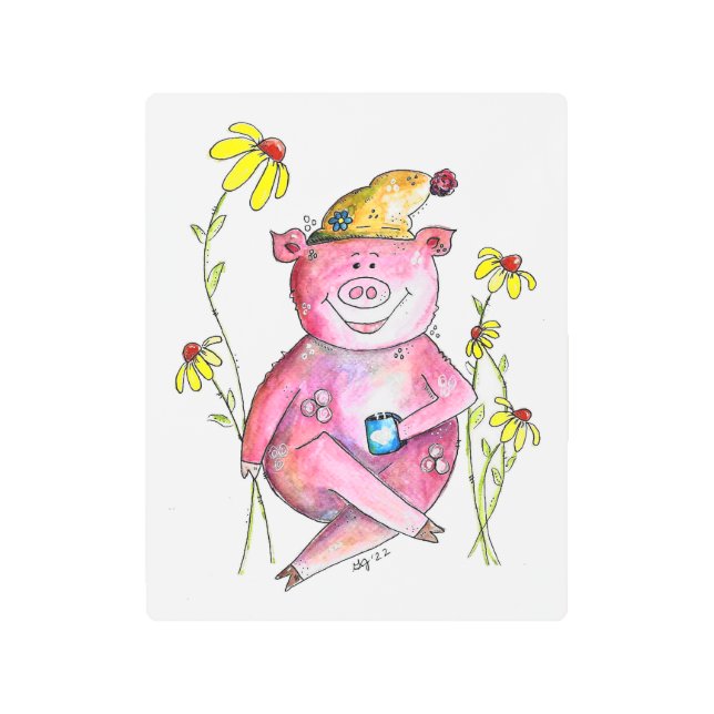 かわいいお洒落豚のコーヒー メタルプリント (正面)