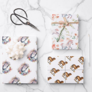 かわいいお洒落馬ポニーフローラ水彩 ラッピングペーパーシート