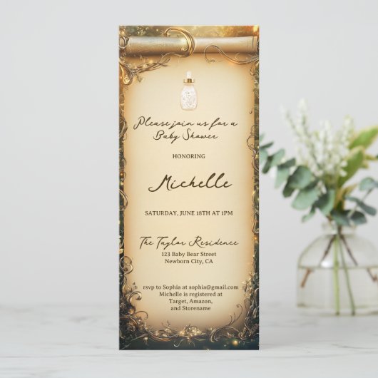 かわいいお洒落魅惑された森林スクロール赤ちゃんシャワー 招待状 (スタンド正面)