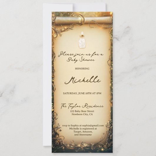 かわいいお洒落魅惑された森林スクロール赤ちゃんシャワー 招待状 (正面)