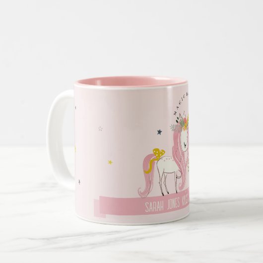 かわいいお洒落魔法のユニコーンピンクプリンセスの子供たち ツートーンマグカップ (正面左)