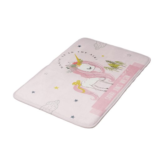 かわいいお洒落魔法のユニコーンピンクプリンセスの子供たち バスマット (アングル)